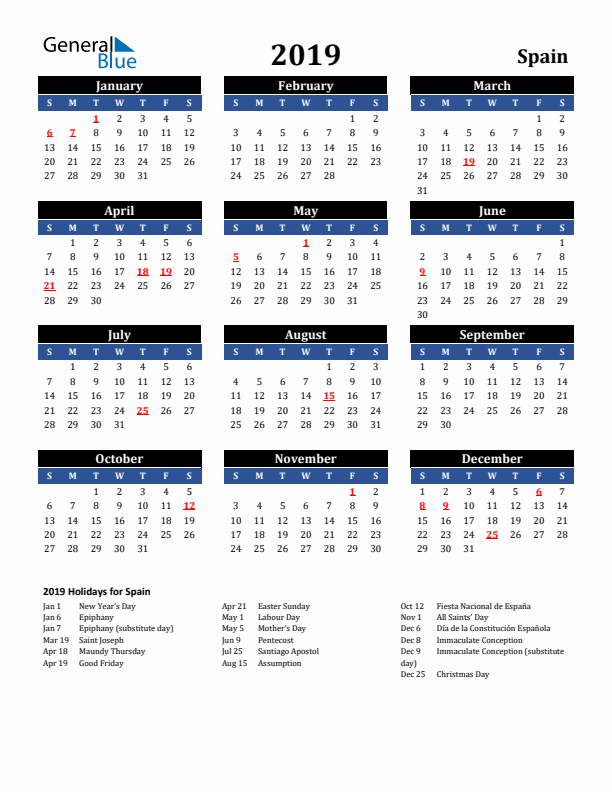 2019 Spain Holiday Calendar