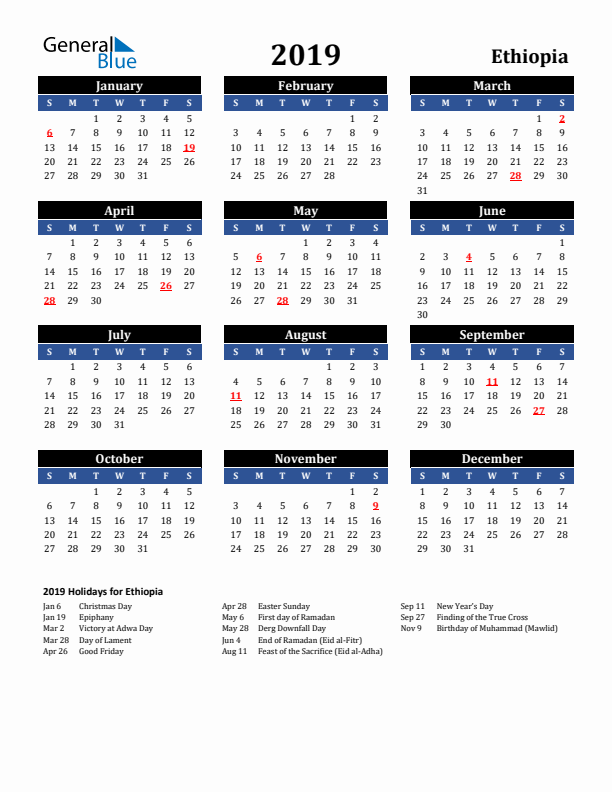 2019 Ethiopia Holiday Calendar