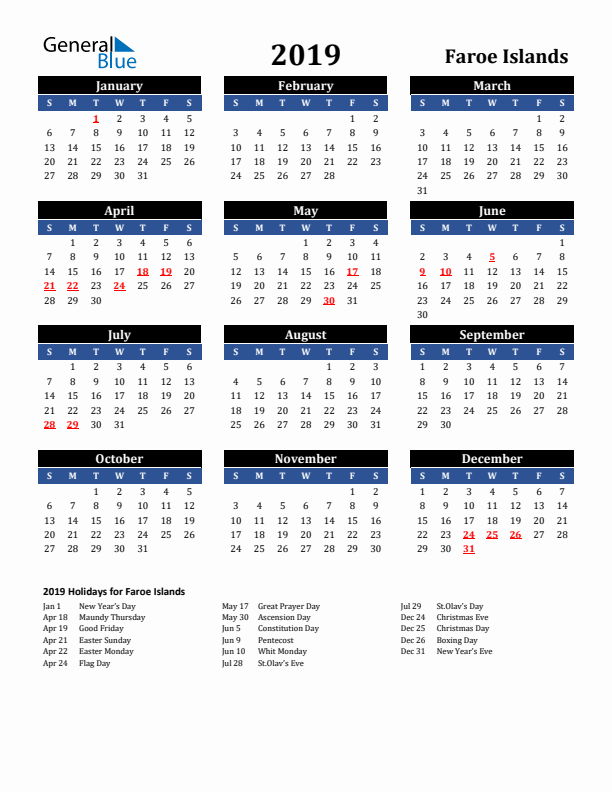 2019 Faroe Islands Holiday Calendar