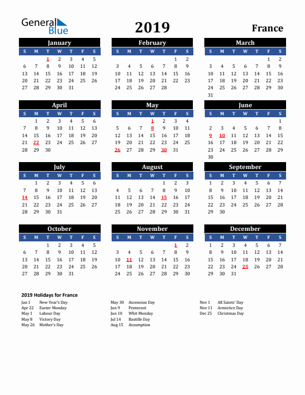 2019 France Holiday Calendar