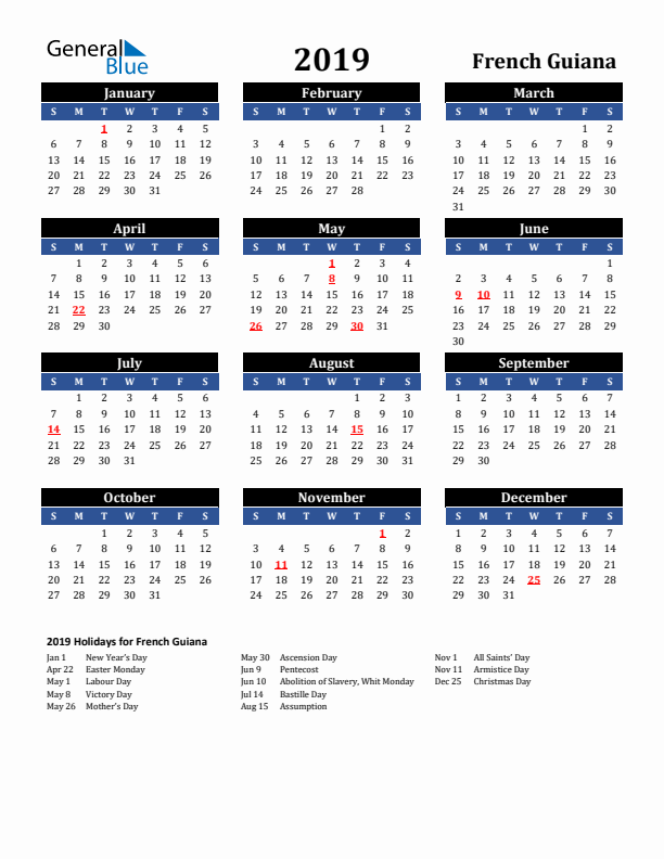 2019 French Guiana Holiday Calendar