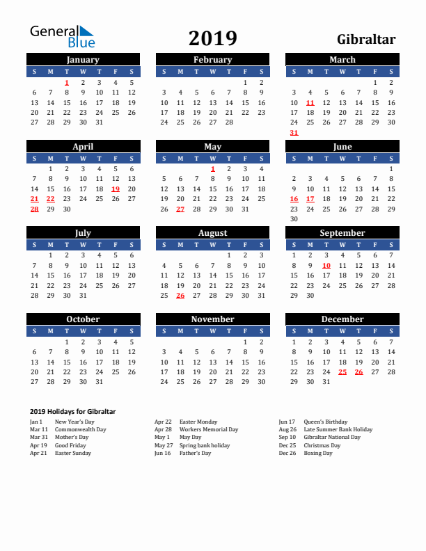 2019 Gibraltar Holiday Calendar