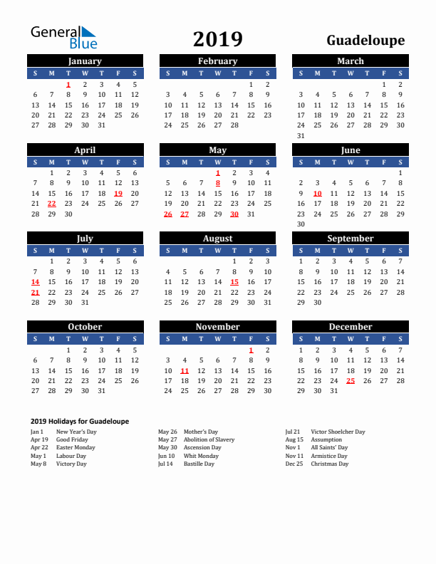 2019 Guadeloupe Holiday Calendar