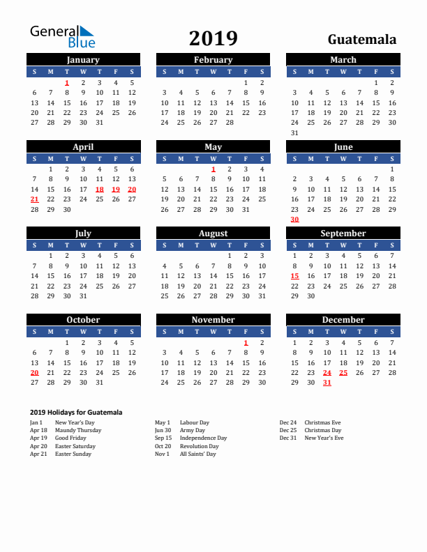 2019 Guatemala Holiday Calendar