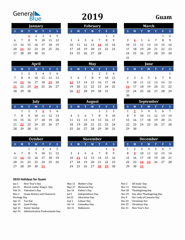 2019 Guam Holiday Calendar