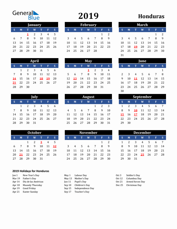2019 Honduras Holiday Calendar