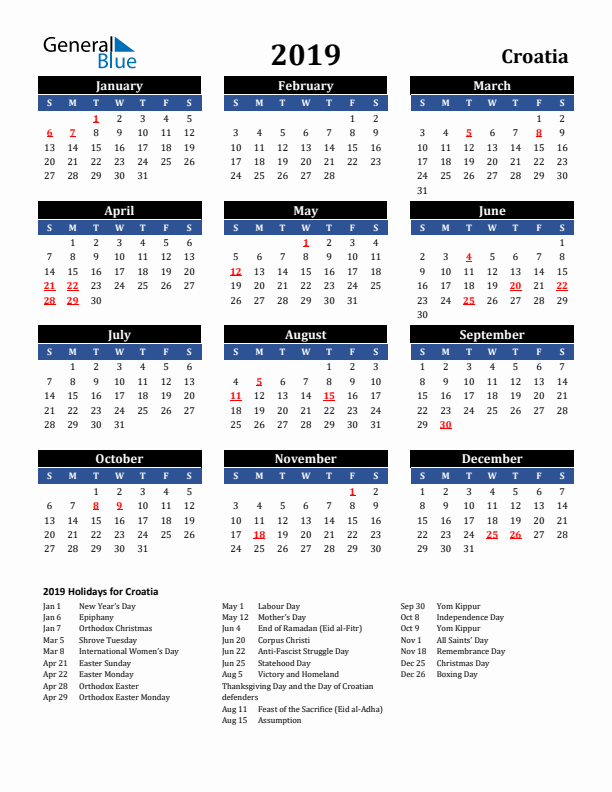 2019 Croatia Holiday Calendar