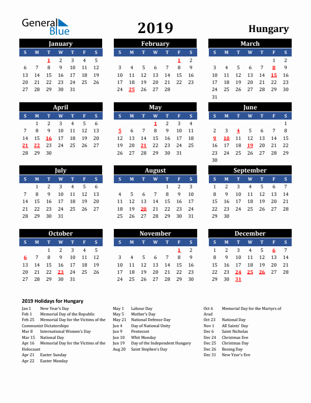 2019 Hungary Holiday Calendar
