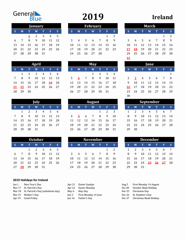 2019 Ireland Holiday Calendar