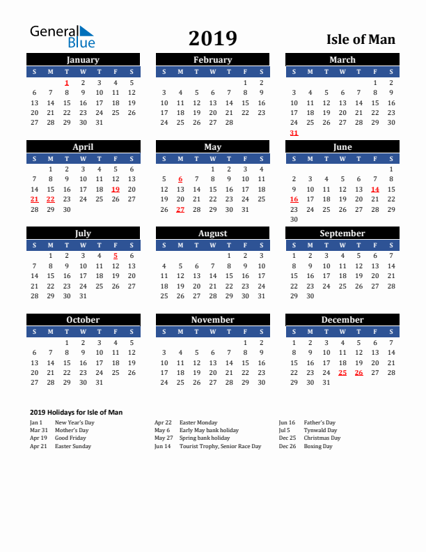 2019 Isle of Man Holiday Calendar