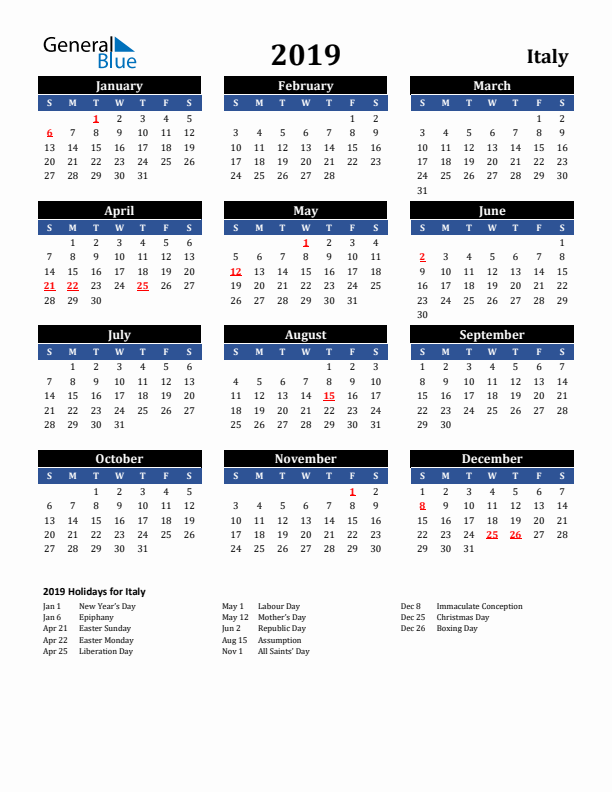 2019 Italy Holiday Calendar
