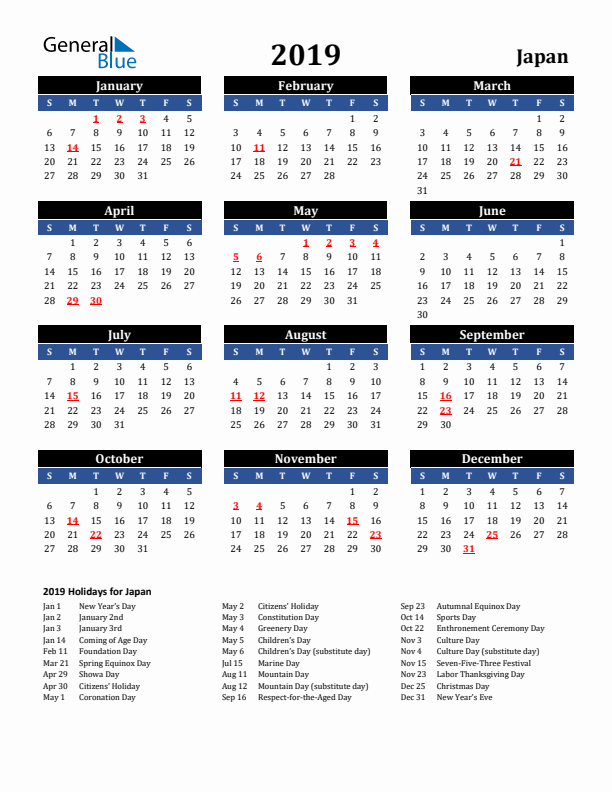 2019 Japan Holiday Calendar