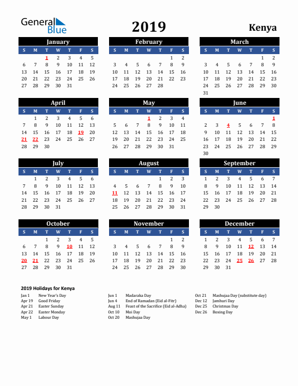 2019 Kenya Holiday Calendar