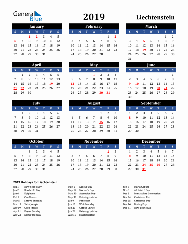 2019 Liechtenstein Holiday Calendar