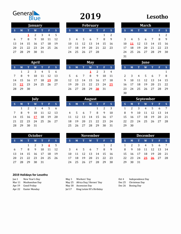 2019 Lesotho Holiday Calendar