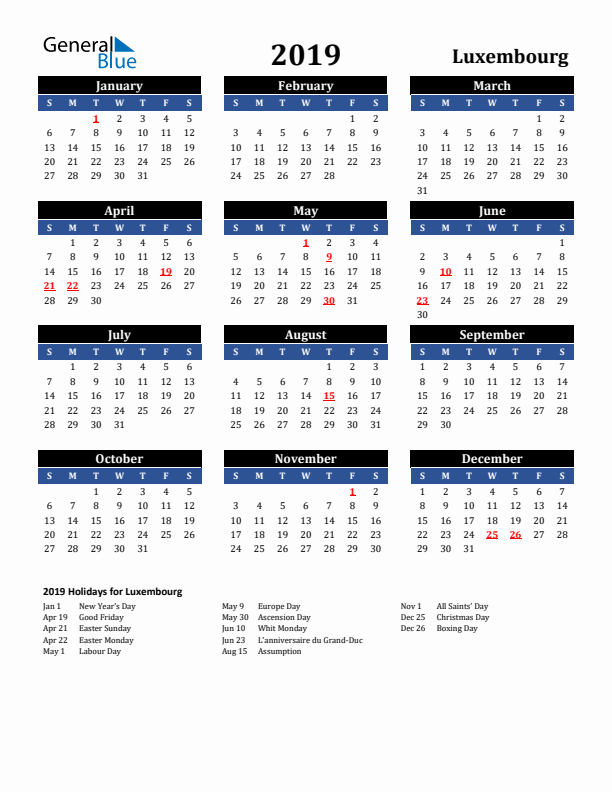 2019 Luxembourg Holiday Calendar