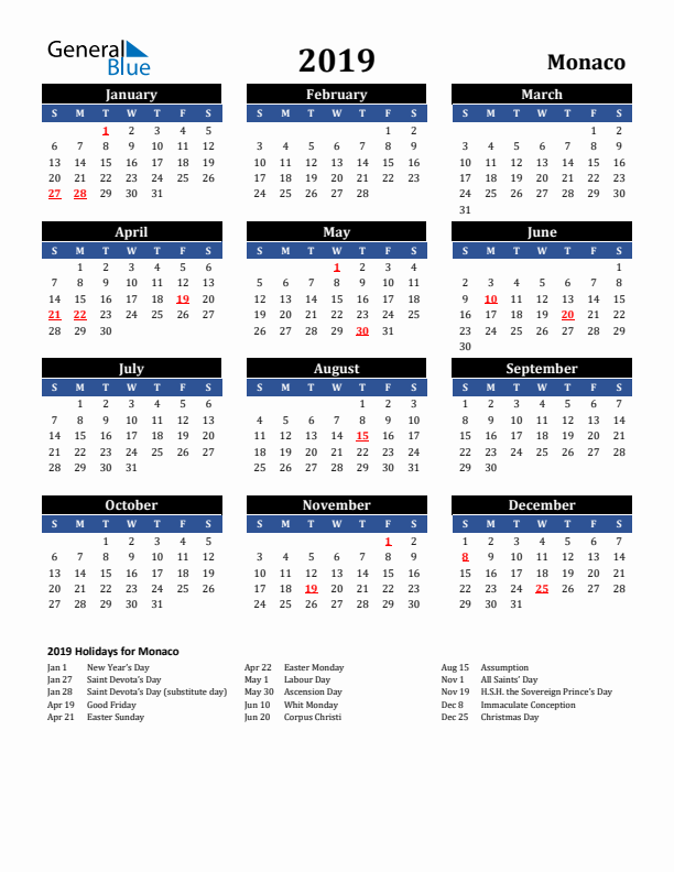 2019 Monaco Holiday Calendar