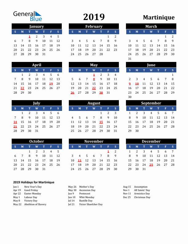 2019 Martinique Holiday Calendar