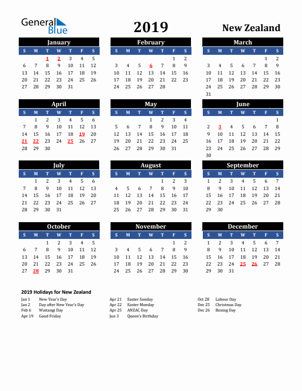 2019 New Zealand Holiday Calendar