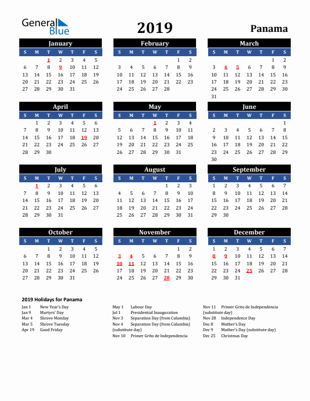 2019 Panama Holiday Calendar