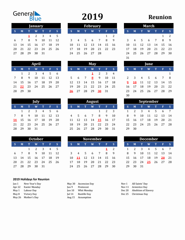 2019 Reunion Holiday Calendar