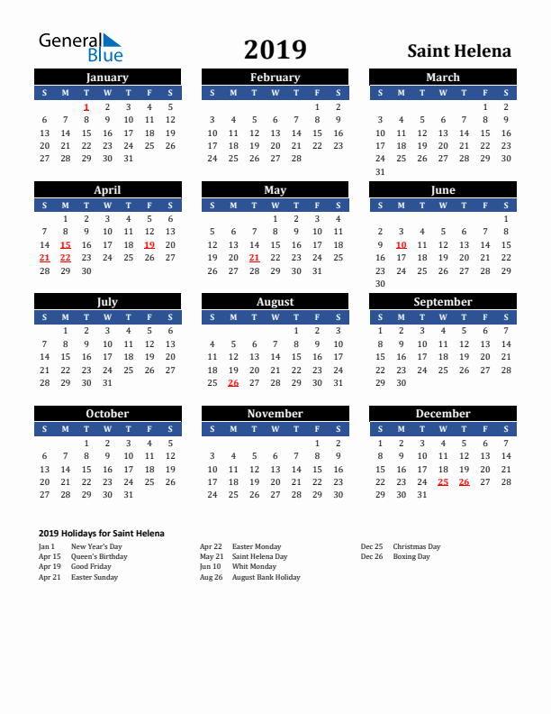 2019 Saint Helena Holiday Calendar