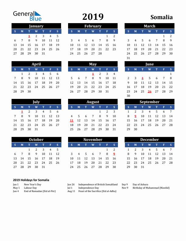2019 Somalia Holiday Calendar