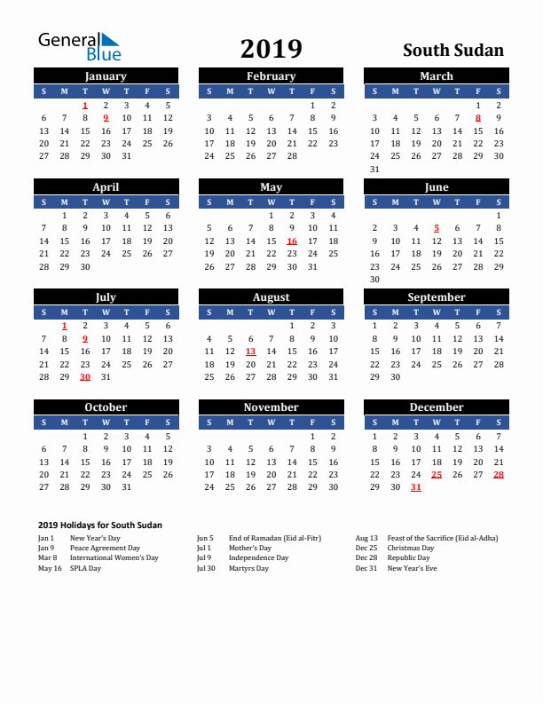 2019 South Sudan Holiday Calendar