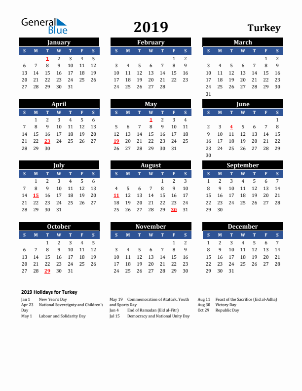 2019 Turkey Holiday Calendar