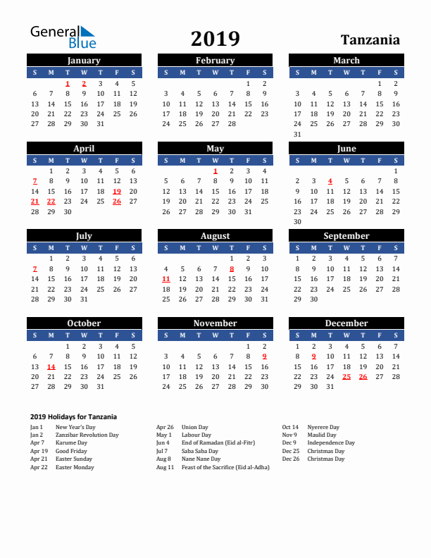 2019 Tanzania Holiday Calendar