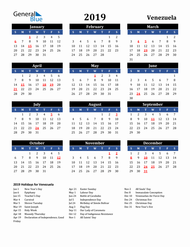2019 Venezuela Holiday Calendar
