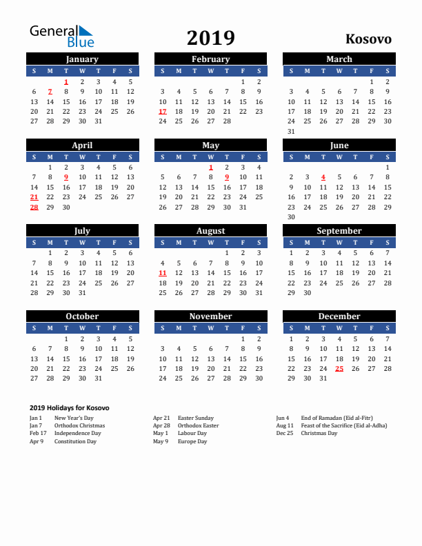 2019 Kosovo Holiday Calendar