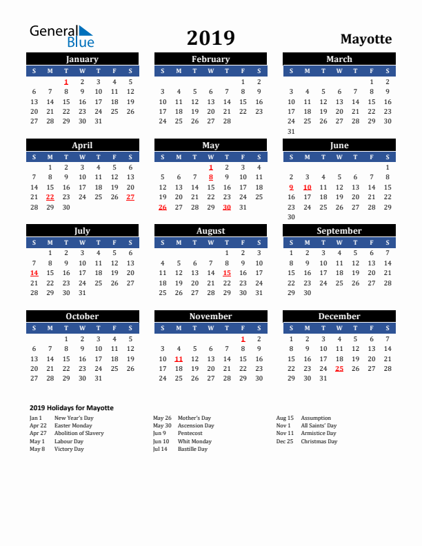 2019 Mayotte Holiday Calendar