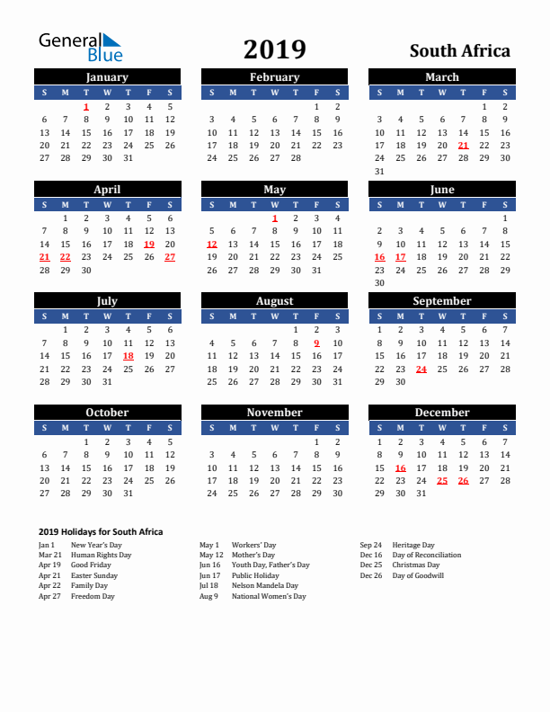 2019 South Africa Holiday Calendar