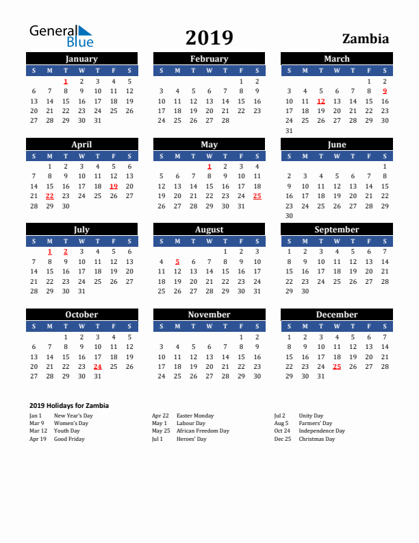 2019 Zambia Holiday Calendar