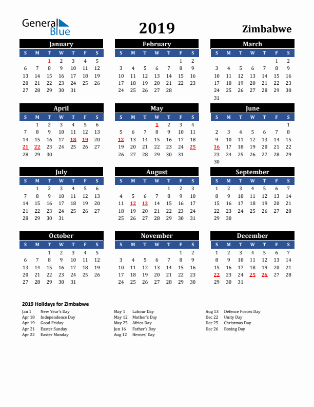 2019 Zimbabwe Holiday Calendar