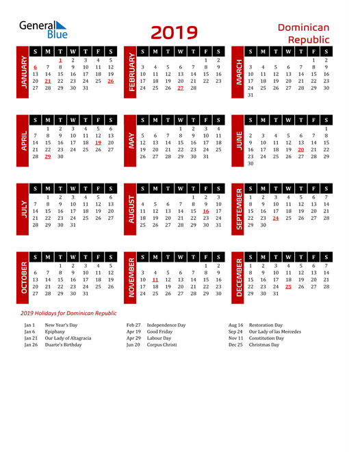 2019 Dominican Republic Calendar with Holidays