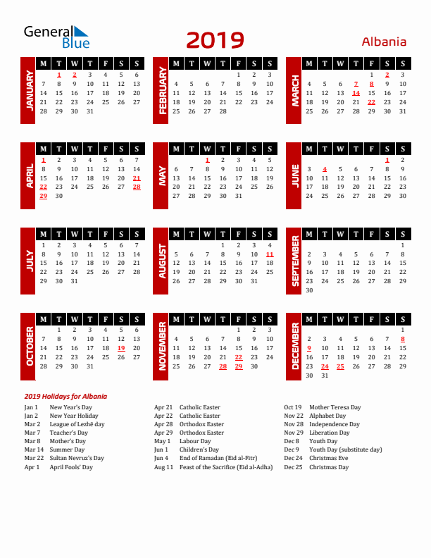 Download Albania 2019 Calendar - Monday Start