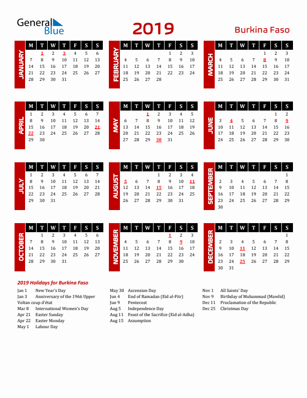 Download Burkina Faso 2019 Calendar - Monday Start