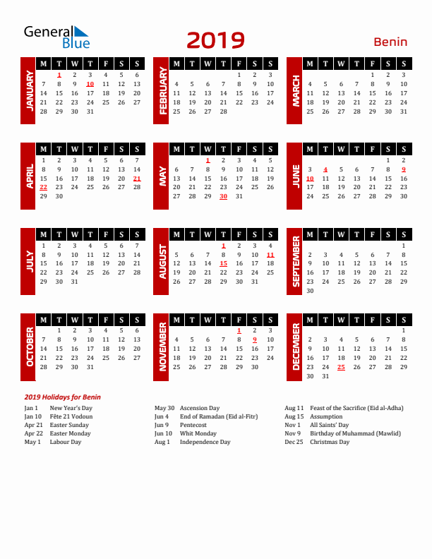 Download Benin 2019 Calendar - Monday Start