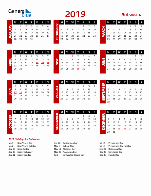 Download Botswana 2019 Calendar - Monday Start