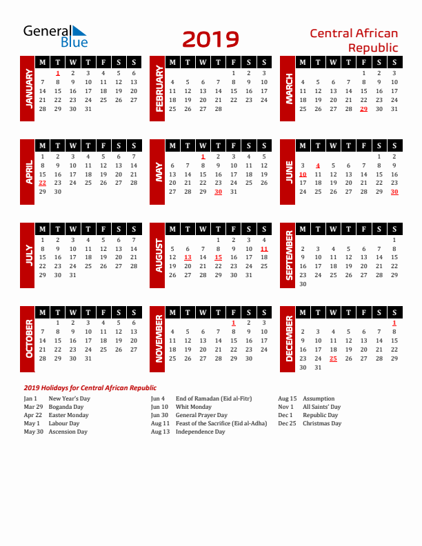 Download Central African Republic 2019 Calendar - Monday Start