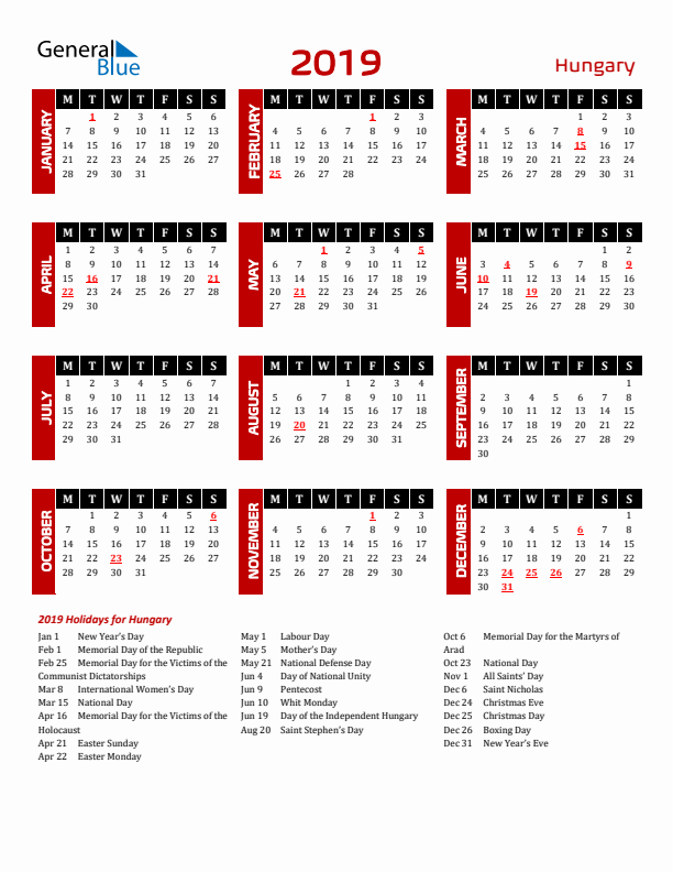 Download Hungary 2019 Calendar - Monday Start