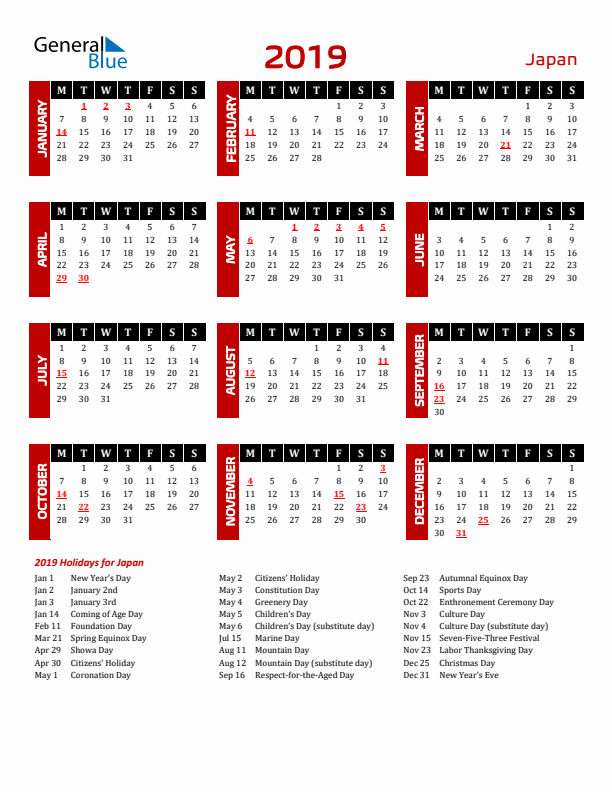 Download Japan 2019 Calendar - Monday Start