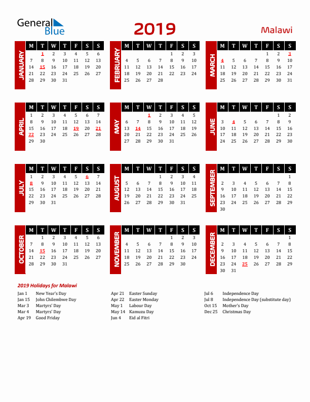 Download Malawi 2019 Calendar - Monday Start