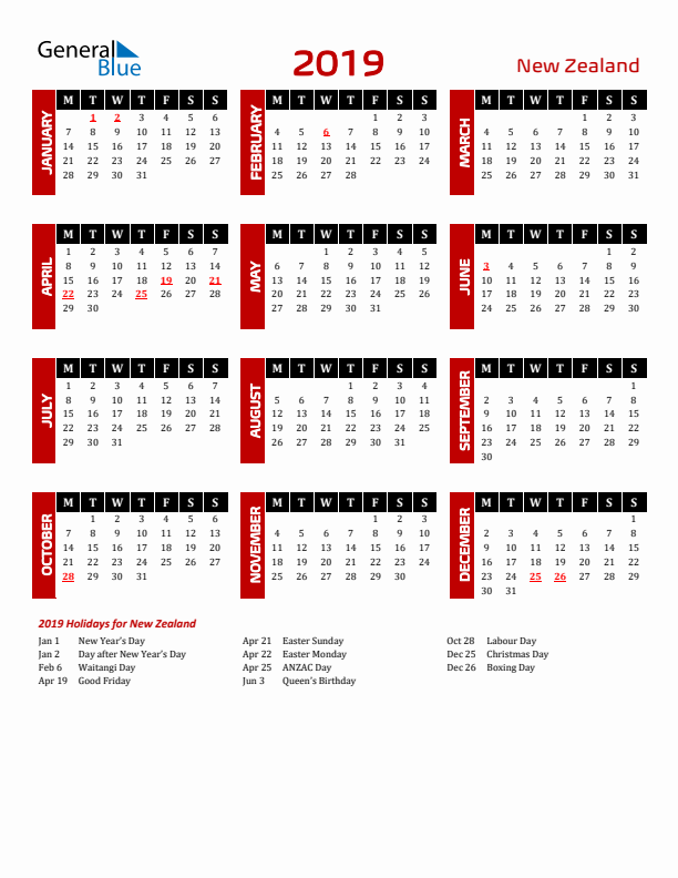 Download New Zealand 2019 Calendar - Monday Start