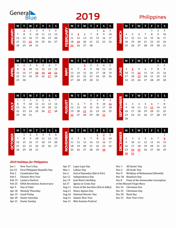 Download Philippines 2019 Calendar - Monday Start