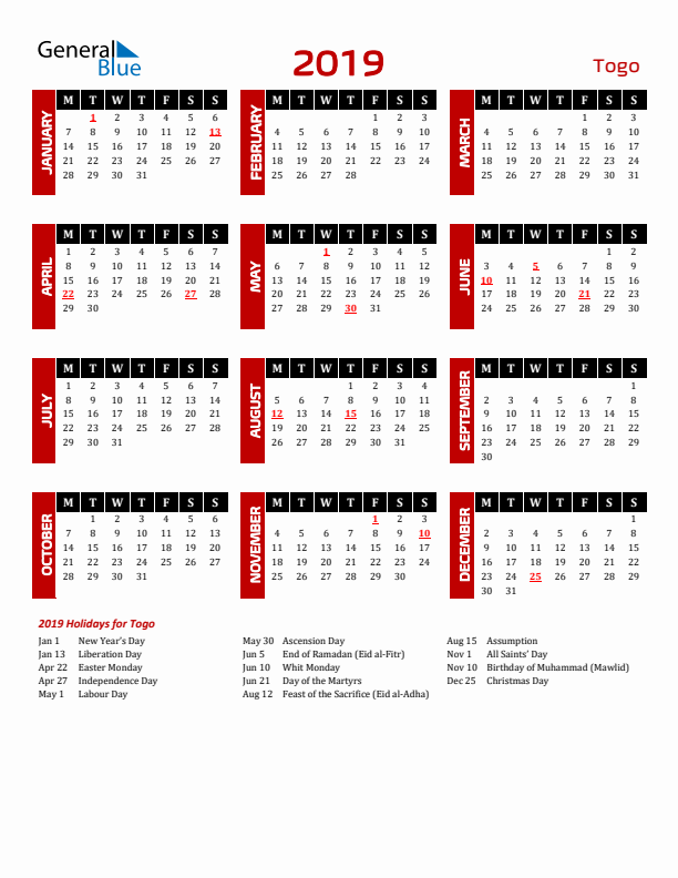 Download Togo 2019 Calendar - Monday Start