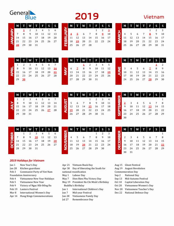 Download Vietnam 2019 Calendar - Monday Start