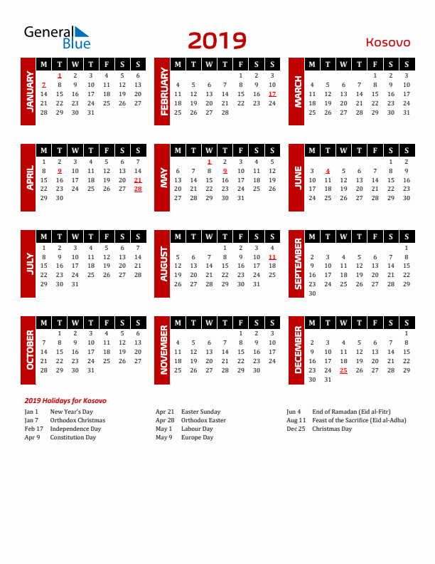 Download Kosovo 2019 Calendar - Monday Start
